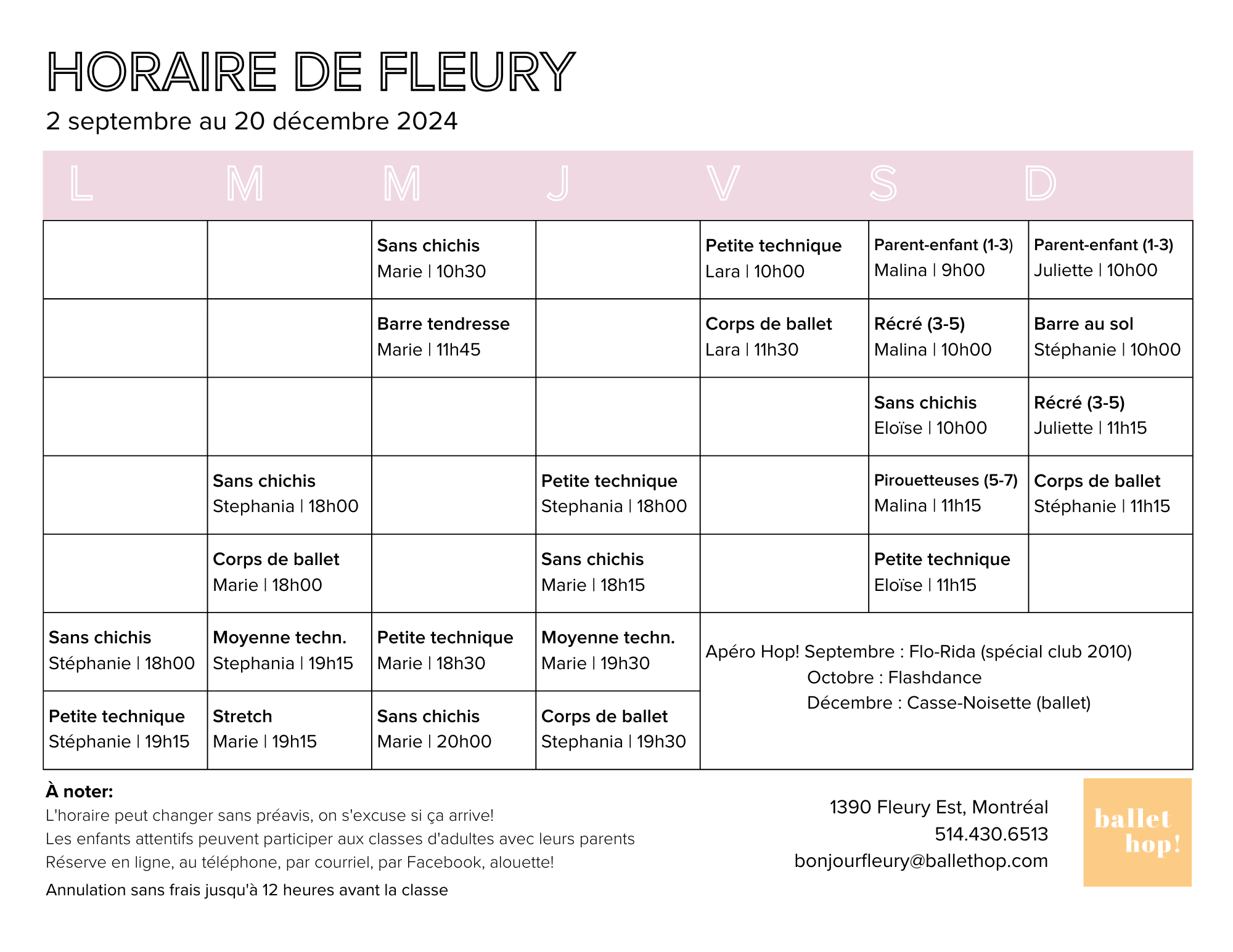 horaire de Ballet Hop! Fleury