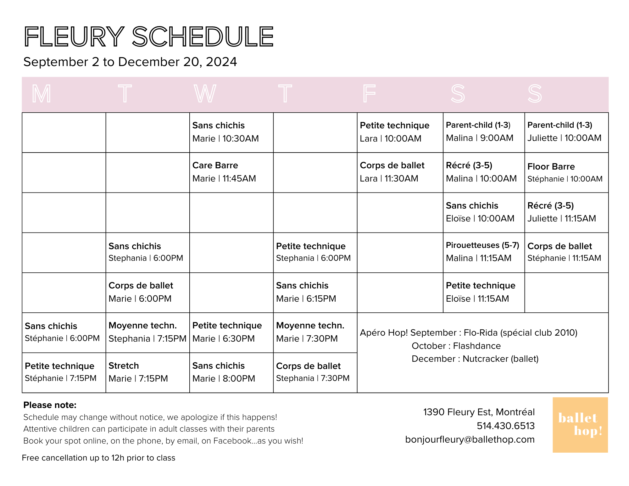 Ballet Hop! Fleury schedule